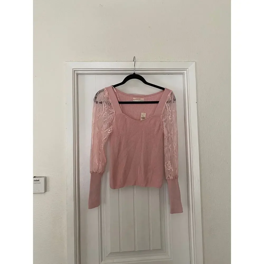 NWT Anthropologie Pink Sweetheart Lace Sleeve Sweater Size XXS